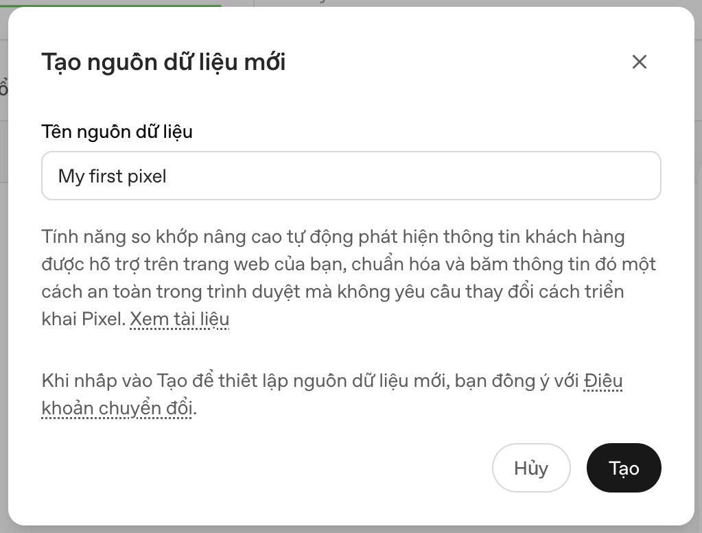Hộp thoại Tạo nguồn dữ liệu mới trong Ads Manager