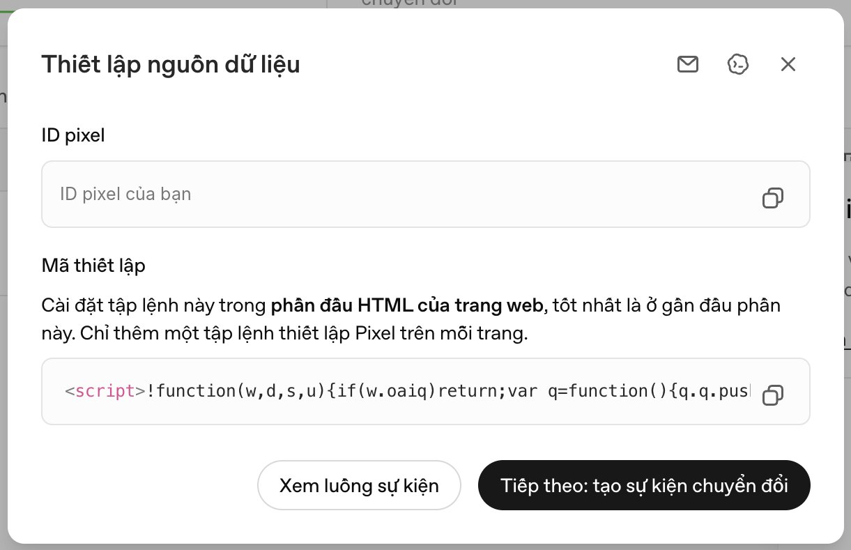 Màn hình Thiết lập nguồn dữ liệu với ID pixel và mã thiết lập